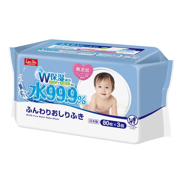 成分99.9％が純水でできた限りなく水に近いおしりふき。コラーゲン+桃の葉エキスの「Ｗ保湿」成分配合！赤ちゃんによりやさしい成分になりました。