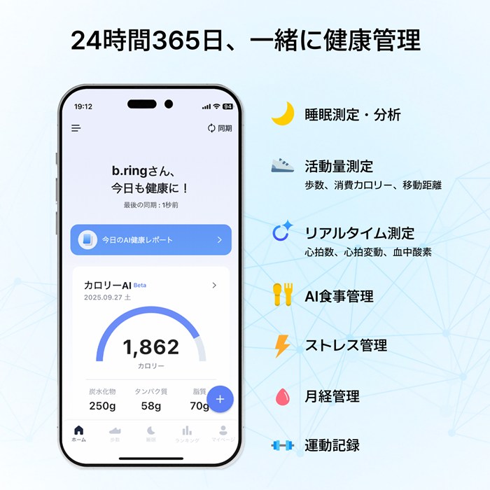 b.ring ブリング 正規販売店 AIスマートリング 11サイズ ステンレススチール G2 第二世代 サイズ計測キット付き B115SBK2-SET ブラック