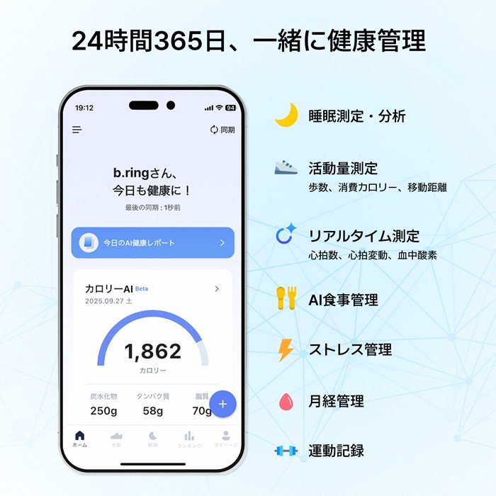 b.ring ブリング 正規販売店 AIスマートリング 12サイズ チタニウム G2 第二世代 サイズ計測キット付き B125TNSV2-SET シルバー