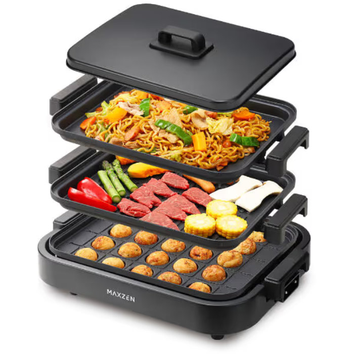マクスゼン ホットプレート 3プレートモデル 平面 焼肉 たこ焼き MHP120MT301-BK ブラック