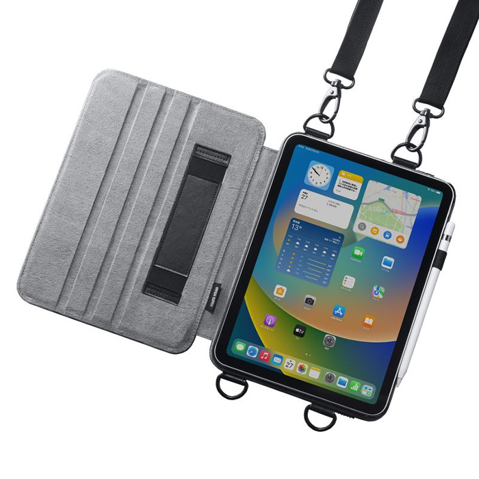 サンワサプライ i Pad10.9インチ用スタンド機能付きショルダーベルトケース ブラック PDA-IPAD1912BK ハンドベルト ペンフォルダー付き タッチペン収納 名刺ポケット付き Apple