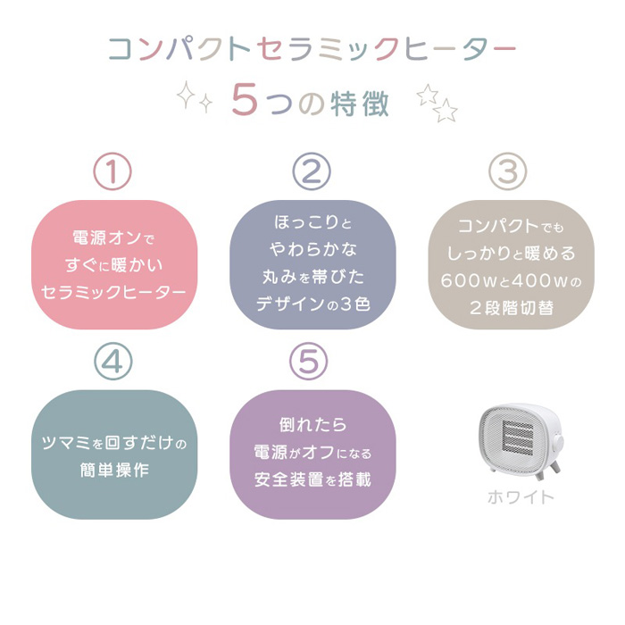 ユアサプライムス コンパクトセラミックヒーター YGT-S640F-W ホワイト 電気ファンヒーター