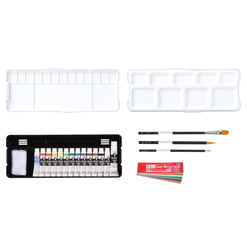 幅広い用途に対応したターナーの定番セット！3原色セットや絵具の追加スペースあり。 1.30cm定規（別売）と絵具、筆、ミニタオルなど全て収納！2.11ml絵具が17本まで収納可能！3.よく使うホワイト