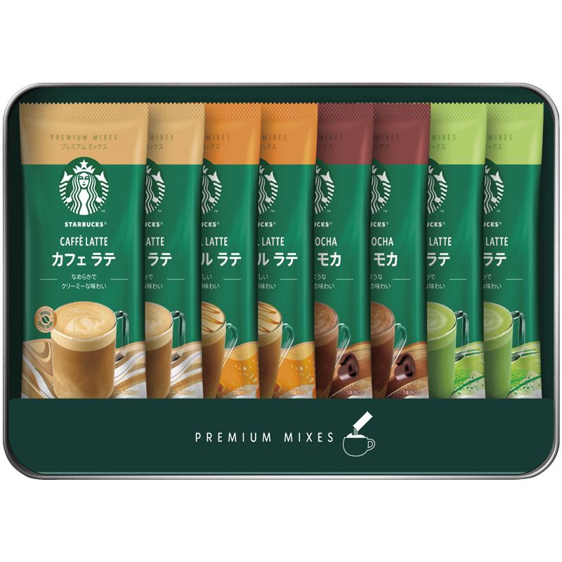 ４種類のラテをおしゃれに贈りたいときに。スターバックスの味わいをご自宅で簡単に楽しめるプレミアムミックスが入ったギフト。【セット内容】抹茶ラテ（24g）・キャラメルラテ（23g）・カフェモカ（22g）