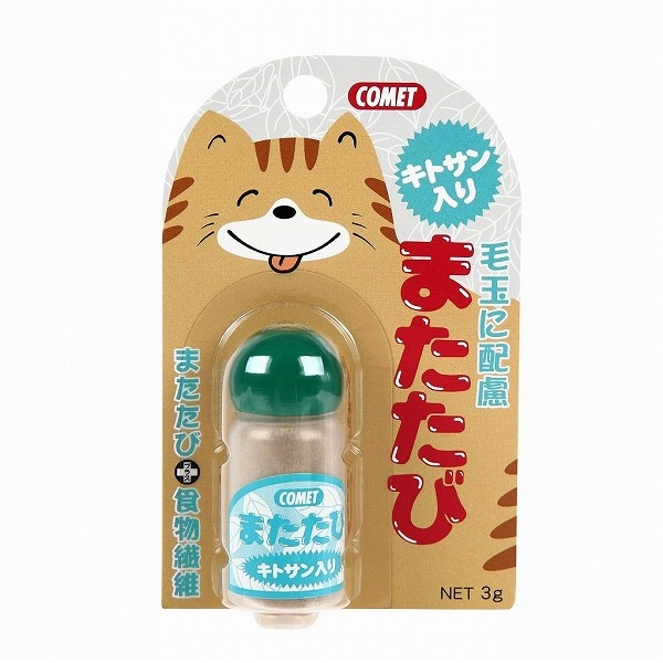 健康維持に効果的なまたたび粉末と、毛玉や便秘に配慮したキトサンを配合。保管に便利なキャップ付ボトルで使いやすさ抜群です！【材質】またたび、キトサン【保証成分】粗蛋白質23％以上、粗脂肪1％以上、粗繊維