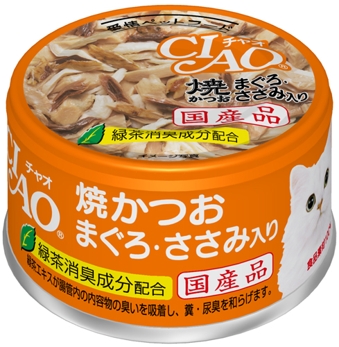 焼かつおをベースに、まぐろ・ささみを加えました。【原材料】鶏肉(ささみ)、宗田鰹、まぐろ、でん粉、増粘多糖類、増粘剤(加工でん粉)、ビタミンE、紅麹色素、緑茶エキス【保証成分】粗たん白質14.5％以上