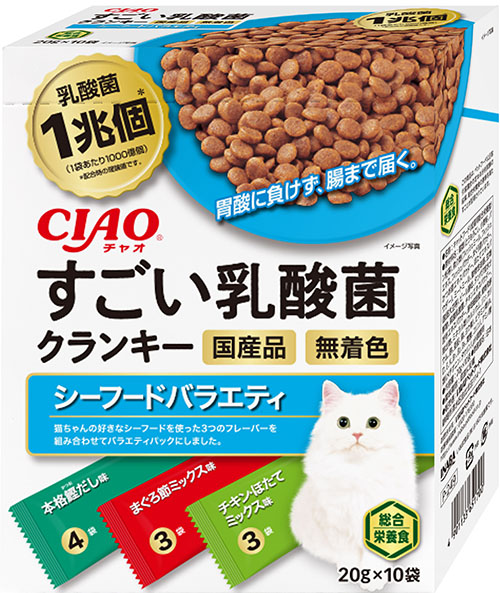 ・乳酸菌1兆個(1袋あたり1000億個)配合で、猫ちゃんの健康を維持し、おなかの調子を保ちます。・球状でとても小さな乳酸菌「フェカリス菌」を使用。・殺菌乳酸菌を使用。胃酸による菌の減少がなく、腸まで届