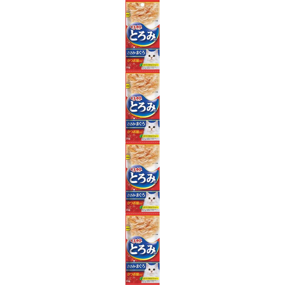 便利な使いきりサイズで、いつもよりちょっと贅沢な食事に。まぐろとささみをベースに、かつお節をトッピング。かつおだしを使用したとろみスープ仕立て。【保証成分】たんぱく質6.5％以上、脂質0.2％以上、粗