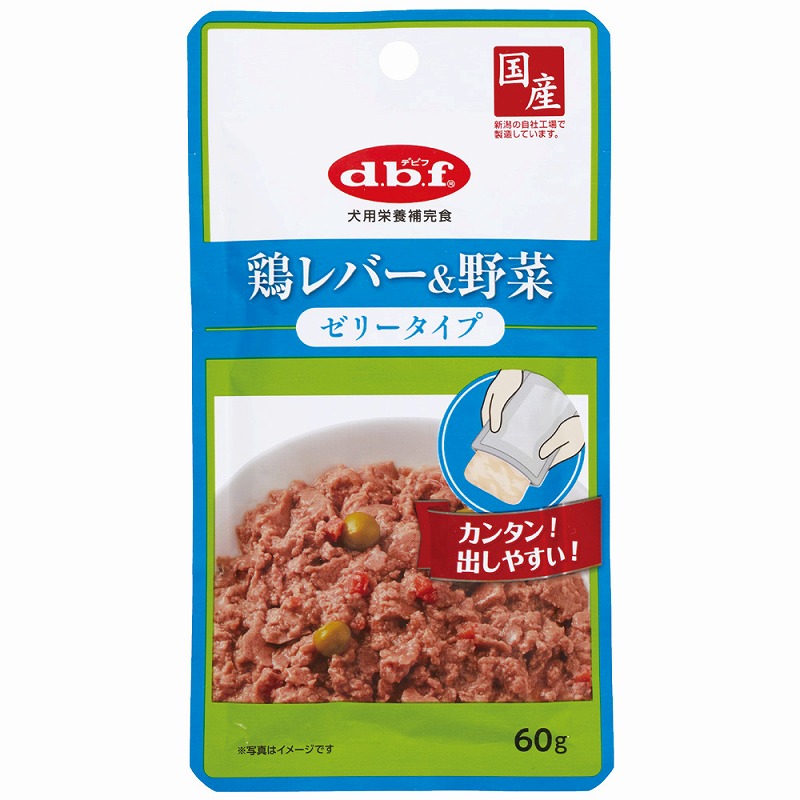 鶏レバーをゼリーでコーティングした嗜好性抜群の一品！・粗挽きにした鶏レバーに人参とグリンピースを加えこんにゃく粉と寒天でゼリー状に仕上げました。・腸内環境に配慮して、食物繊維を配合しています。