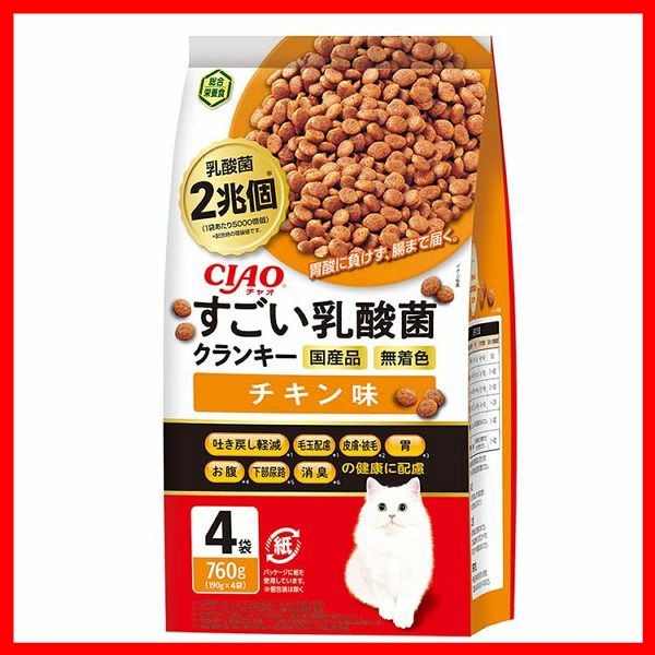 &starf;乳酸菌4兆個（1袋あたり5.000億個）配合で、愛猫の健康を維持し、おなかの調子を保ちます。&starf;おさかなエキスが中までたっぷり染み込んだカリカリ粒を、猫ちゃんの