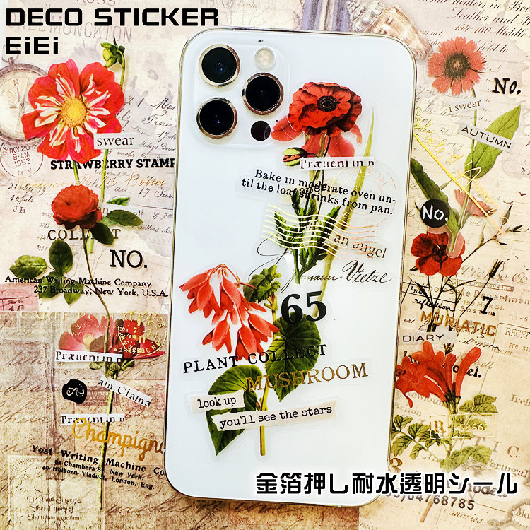 花柄と英語や数字、スタンプ柄など と組合せった おしゃれな透明耐水シールセット 存在感ありのやや大きめサイズ 金箔押しの部分が強調過ぎずで、使いやすい 水に濡れても破れない、あらゆる所に使えます 海外