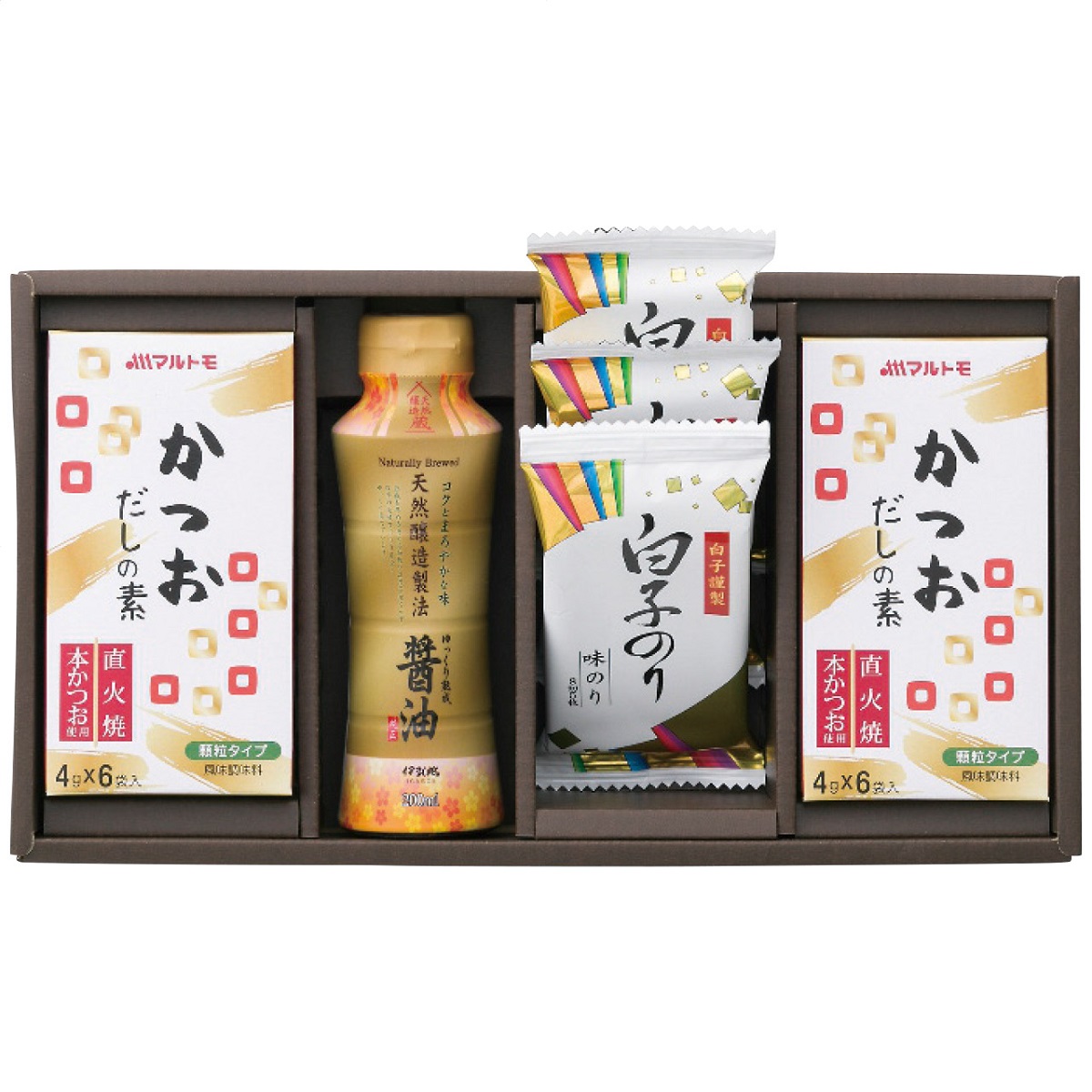 花霞 調味料詰合せ CR-A 厳選した食卓の必需品を心を込めてお届け。 ■商品詳細：天然醸造しょうゆ(濃口)200ml×1本・白子のり味のり(8切5枚)3袋・マルトモかつおだしの素(4g×6袋)2箱 