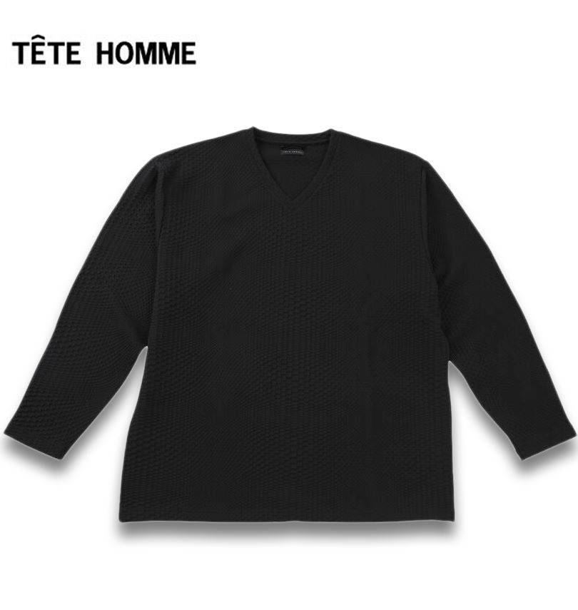 大きいサイズ TETE HOMME ブリスタージャガード Vネック 長袖 Tシャツ ブラック 3L 4L 5L 6L/1278-5645-2-148