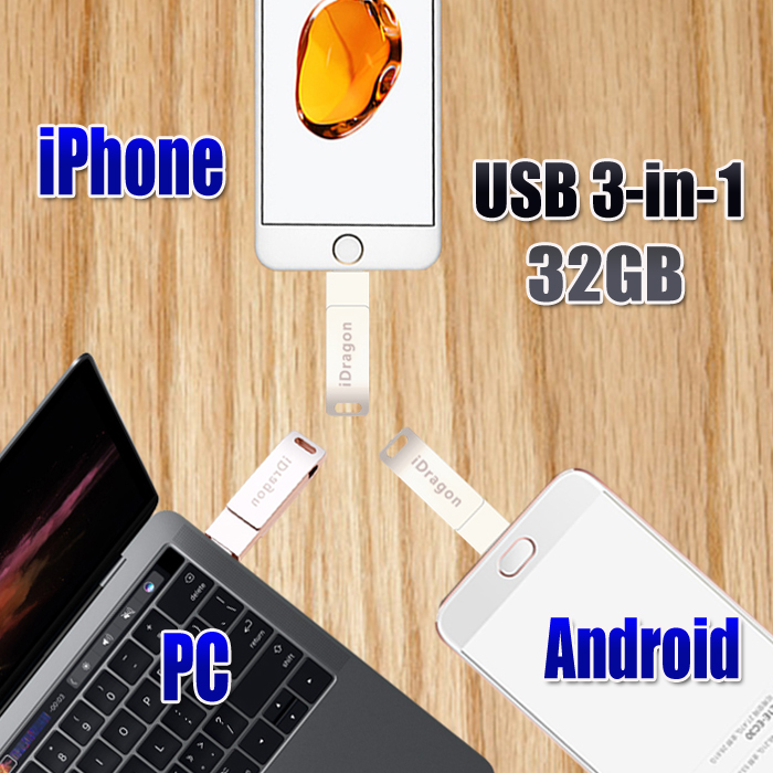 商品名:3in1 USBフラッシュ：i Phone USBメモリ・ USBフラッシュドライブ・maicro USB メーカー:i Dragon 容量:32GB 機能:容量不足解消/容量拡張/高速データ