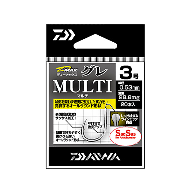 サイズ（号）：3 線形（mm）：0.53 重量（1本mmg）：28.8 入り数：20 「全国のスタッフ陣が何度も実戦でテストを行い、ベストのバランスを導き出した「Saq Sas」。これはまさしく「釣れ