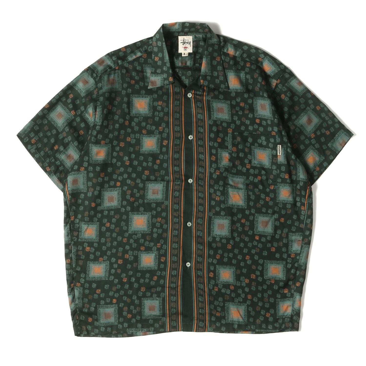 STUSSY ステューシー シャツ サイズ:L / 90s OLD STUSSY 王冠 白タグ 和柄 レーヨン アロハシャツ (USA製 / デッドストック) / ダークグ