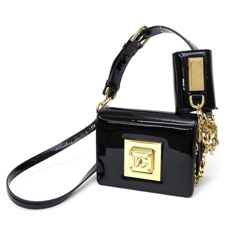 ドルチェ＆ガッバーナ Dolce & Gabbana ショルダーバッグ ロゴ G金具 黒 エナメル 【中古】(65717)
