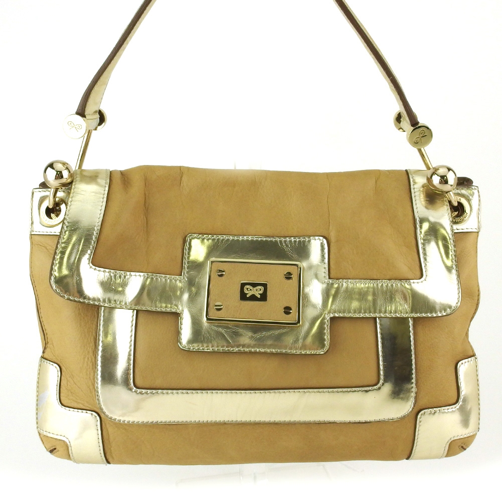 アニヤ・ハインドマーチ Anya Hindmarch ショルダーバッグリボンマーク ベージュ ゴールド レディース 中古