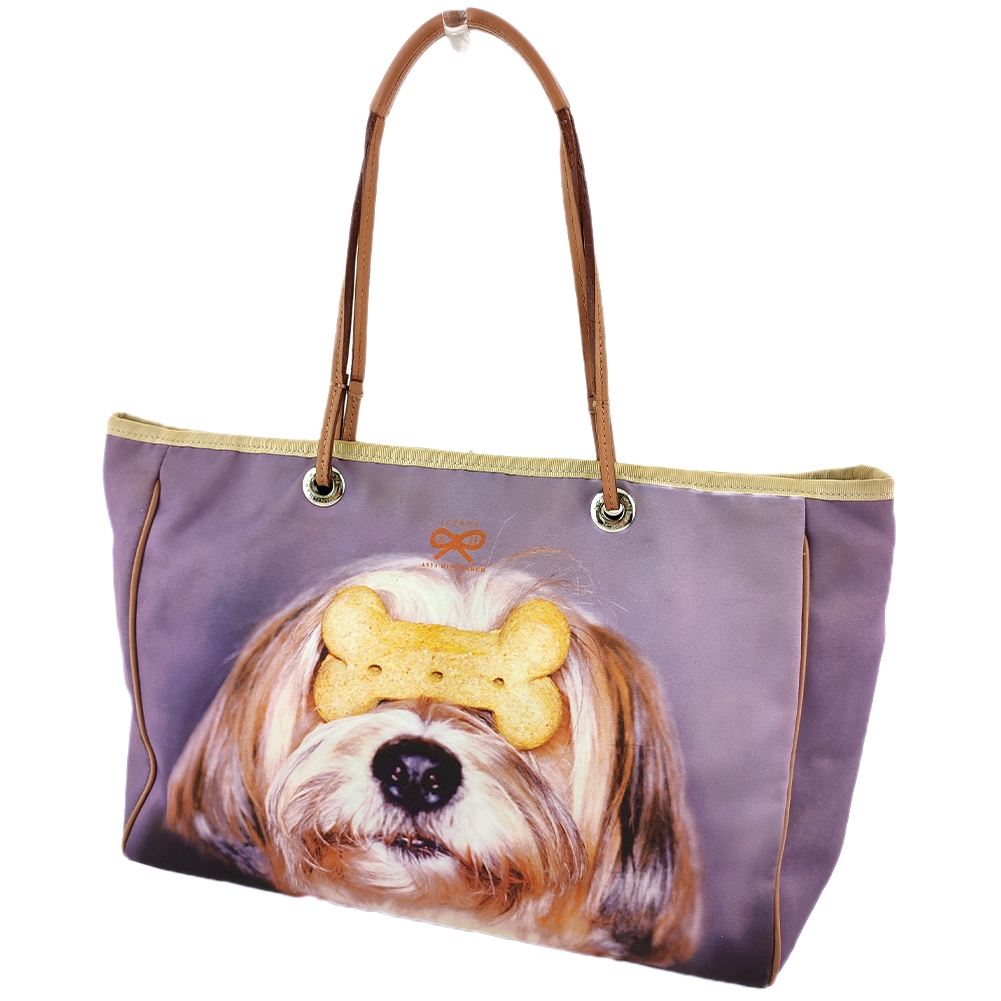 アニヤ・ハインドマーチ Anya Hindmarch トートバッグフォトプリント ドック 犬 転写プリント パープル ベージュ ブラウン系 中古