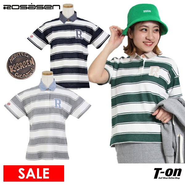 045-23243-51T-on ティーオン レディース ゴルフウェアブランド名ロサーセン ROSASEN商品名ポロシャツ 半袖 鬼鹿の子素材 ボーダー柄 衿異素材 ドロップショルダー ロゴワッペン 