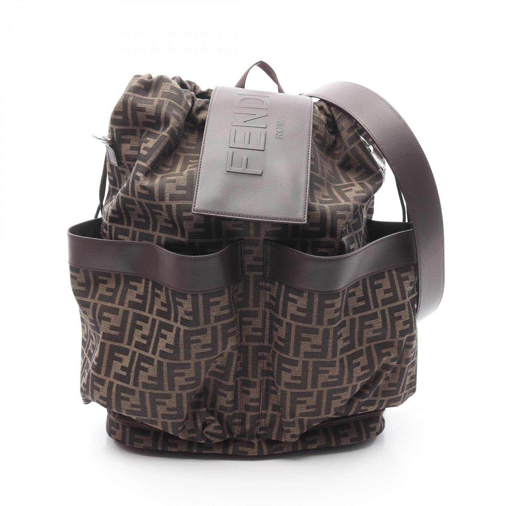 フェンディ FENDI ストライク ラージ FFジャカード ズッカ リュックサック バックパック バッグ キャンバス レザー メンズ ブラウン系 7V