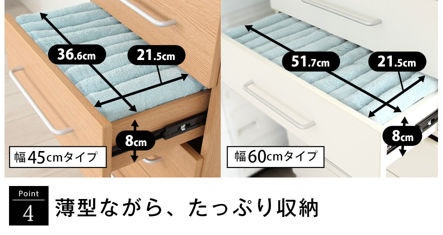 ランドリーストレージ「オアシス」商品説明画像 | 4.薄型ながら、たっぷり収納