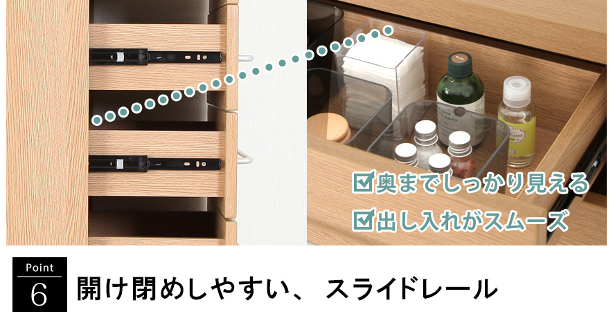 ランドリーストレージ「オアシス」商品説明画像 | 6.開け閉めしやすい、スライドレール