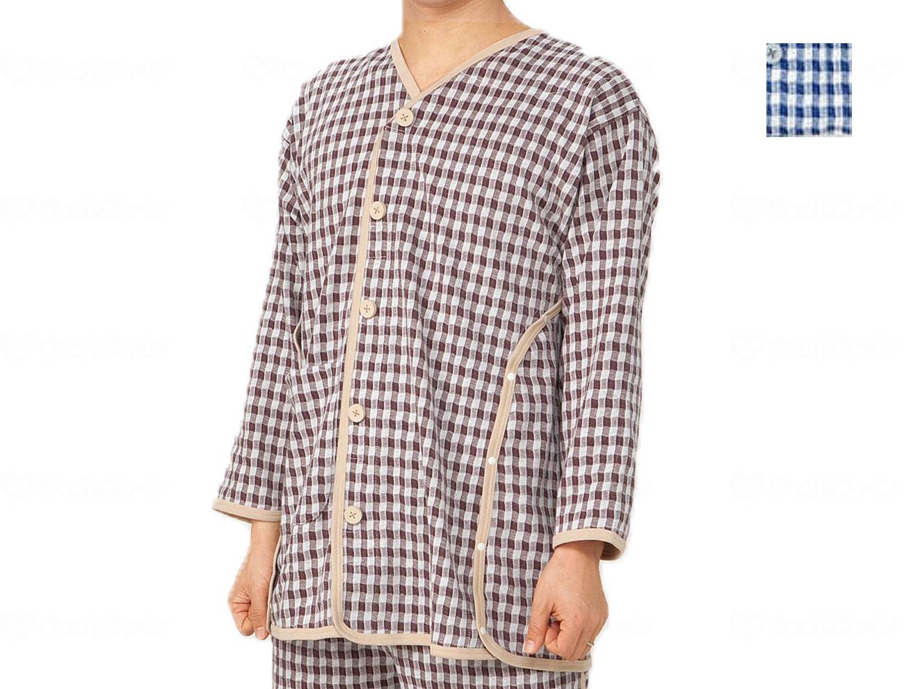 ●素材／綿55％、ポリエステル45％ 裏一部：オーガニックコットン100％ ●生産国／日本 ●カラー／紺、茶 ●サイズ／ M（身長165〜175cm、胸囲88〜96cm、ウエスト76〜84cm） L（