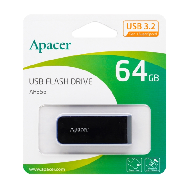 USBメモリ 64GB 5年保証 USB3.2 Gen1 Apacer AP64GAH356B-1 スライド式 JANコード：4712389911346 ■商品説明 スライド式（キャップレス）USB 