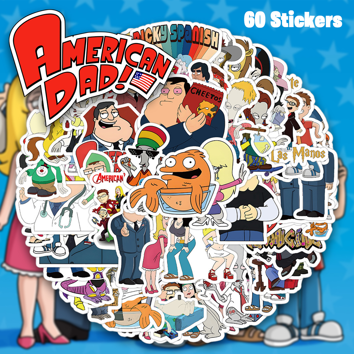 American Dad! ( アメリカンダッド ) のステッカーセット。 防水加工ですので幅広い用途でご使用頂けます。 スーツケースやパソコン、スケートボードなどに最適！ ステッカーは1枚ずつ形に合