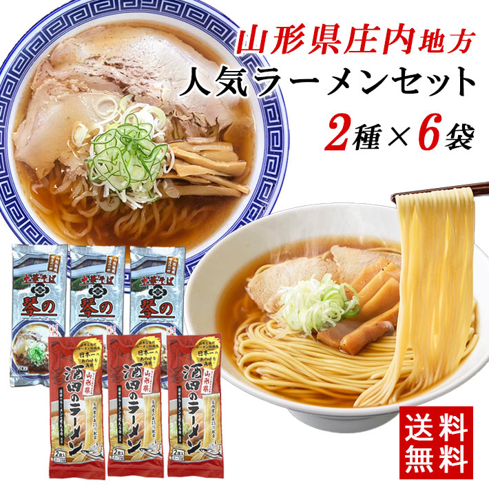 乾麺 ラーメン 山形 庄内 鶴岡 酒田のラーメン 琴の 2食×6袋 濃縮つゆ付 送料無料 酒井製麺 山形 ご当地 お取り寄せ お土産