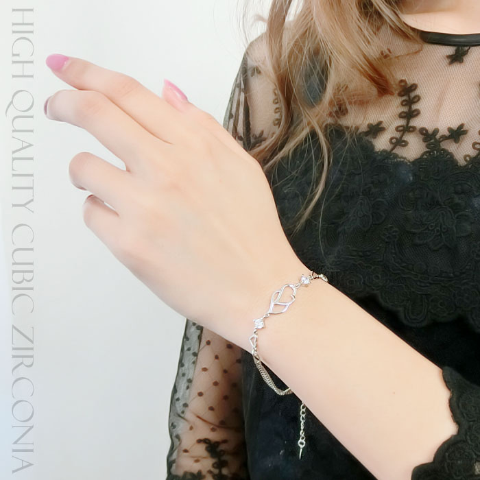 ハート オープンハート キュービックジルコニア CZ クリスタル シルバー925 スターリングシルバー ブレスレット