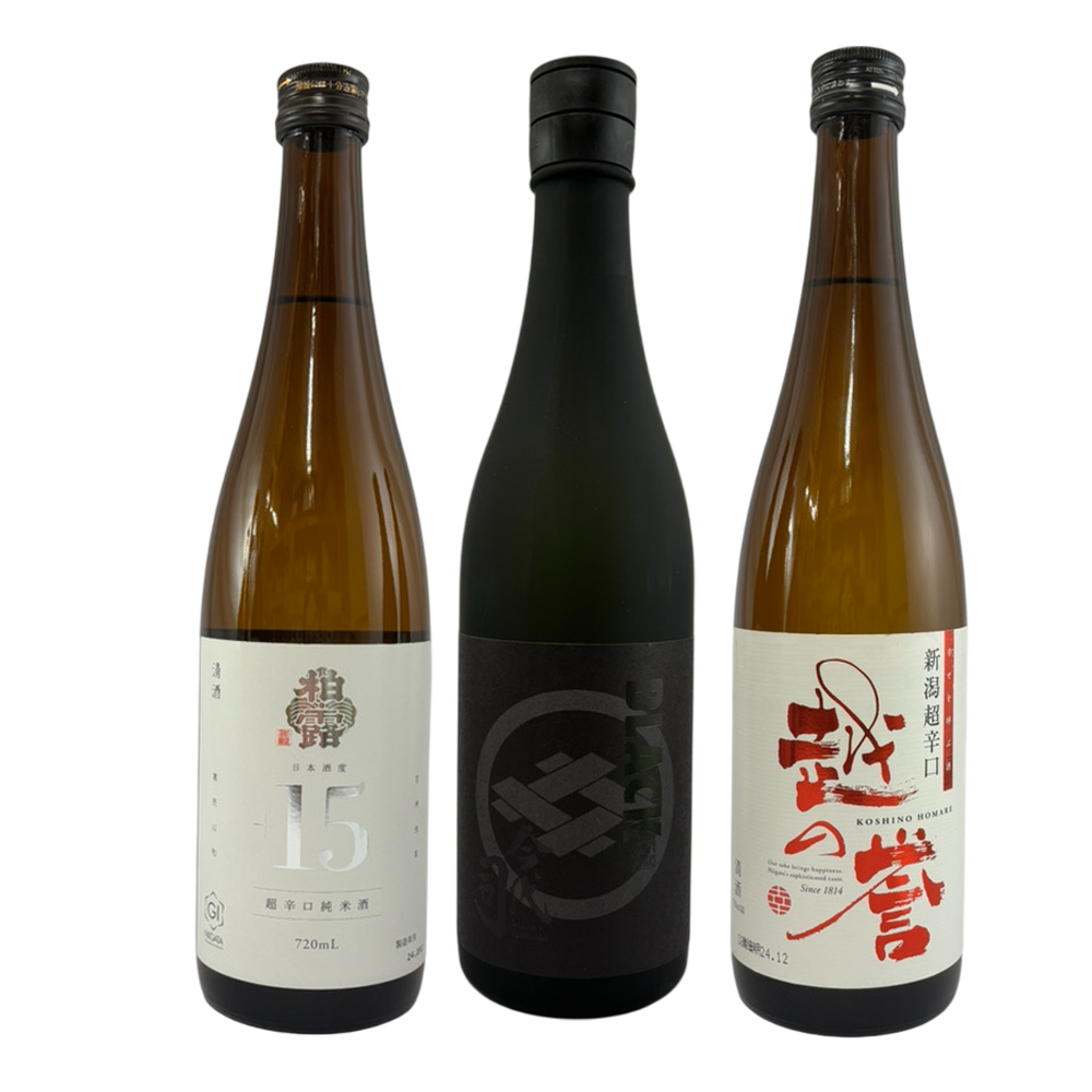 当店幻の酒厳選、新潟の超辛口日本酒3本飲み比べセット。 【柏露酒造 超辛口純米酒】日本酒度＋15 【今代司酒造 BLACK】日本酒度＋16 【越の誉 新潟超辛口 彩】+16