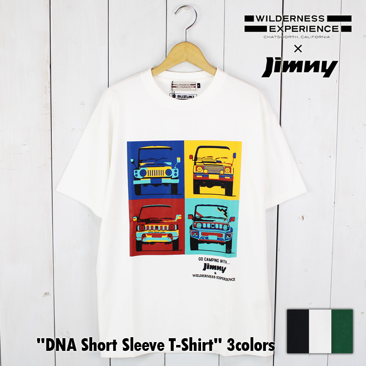 WILDERNESS EXPERIENCE と SUZUKI ｢JIMNY」 とのコラボレーションTシャツ。 歴代ジムニー４型式のフロントシルエットをフロントに描いたデザイン。 右下の新型のフロントガ