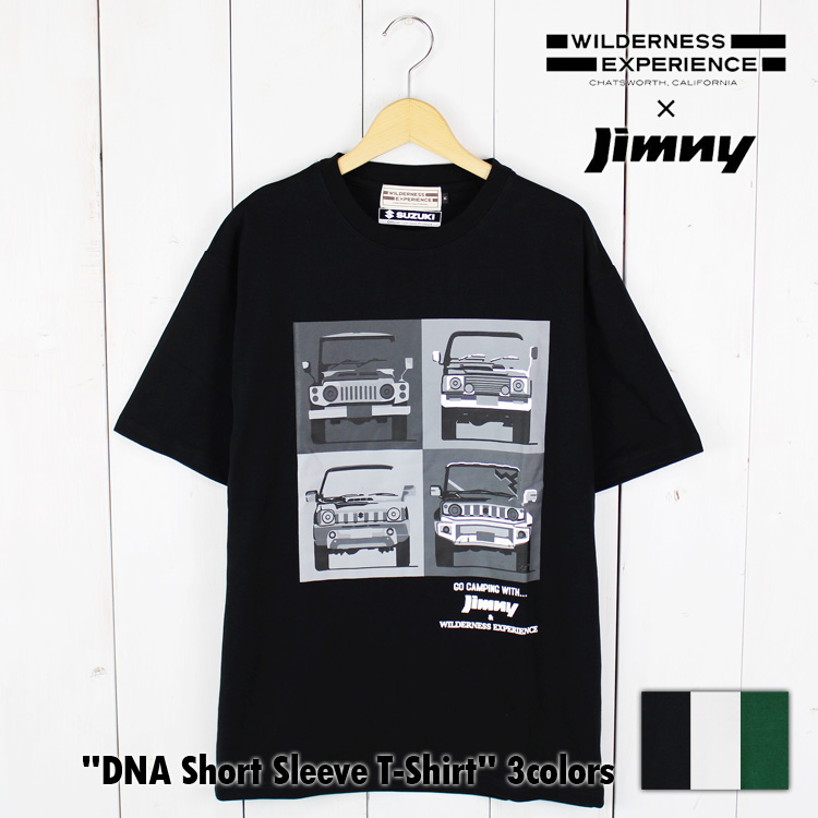 WILDERNESS EXPERIENCE と SUZUKI ｢JIMNY」 とのコラボレーションTシャツ。 歴代ジムニー４型式のフロントシルエットをフロントに描いたデザイン。 右下の新型のフロントガ
