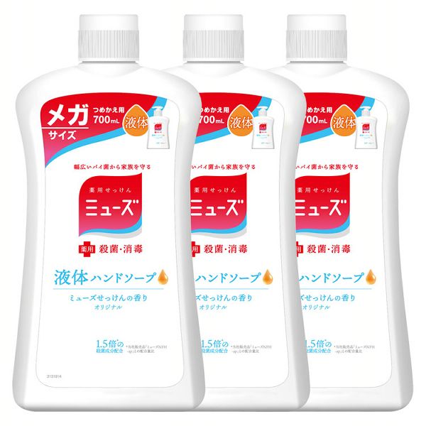「液体ハンドソープ ミューズ せっけんの香りオリジナル」のつめかえ用700mlメガサイズです。医薬部外品。●内容量：700ml×3個セット●商品サイズ（cm）：幅約10×奥行約6.2×高さ約20.3●