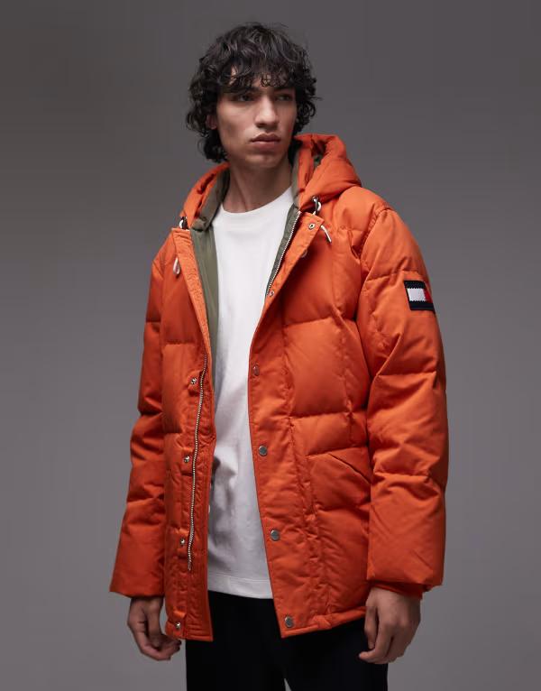 トミー ヒルフィガー メンズ ジャケット・ブルゾン アウター Tommy Hilfiger square baffle down parka in bright orange ORANGE