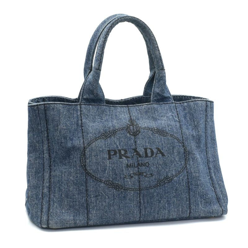 プラダ カナパ ハンドバッグ B1877B デニムファブリック インディゴ デニムバッグ トートバッグ 青 トライアングルロゴ 中古 送料無料