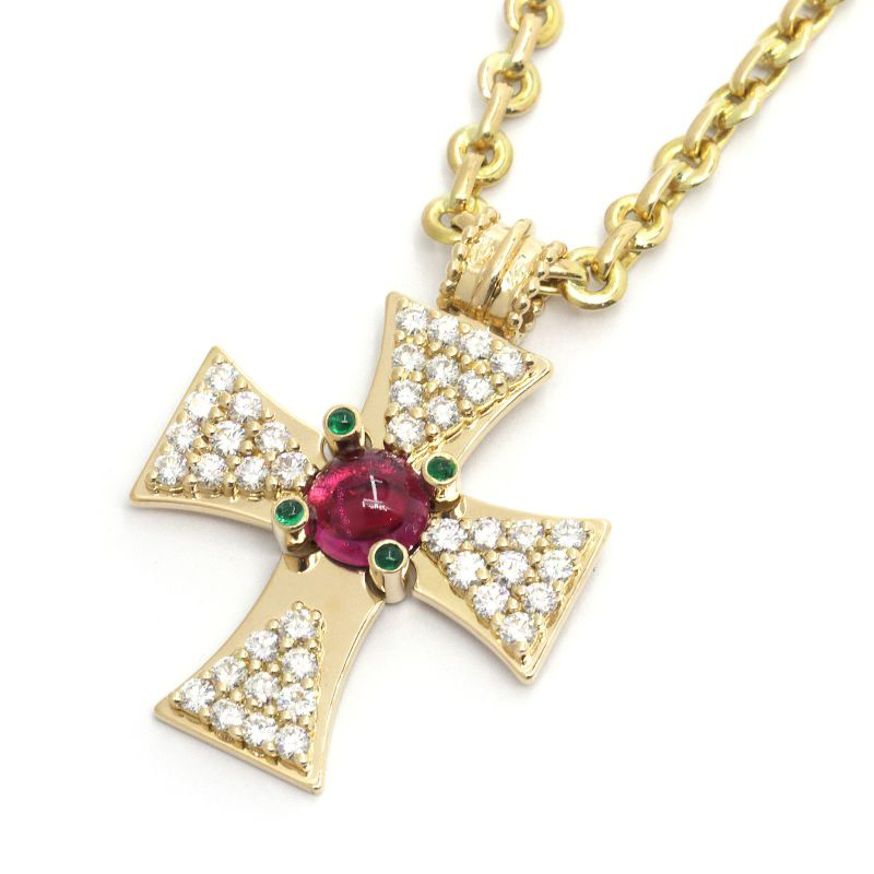 シャネル クロスネックレス K18YG ピンクトルマリン ダイヤモンド エメラルド 十字架 クロス イエローゴールド 地金約20g 中古 送料無料