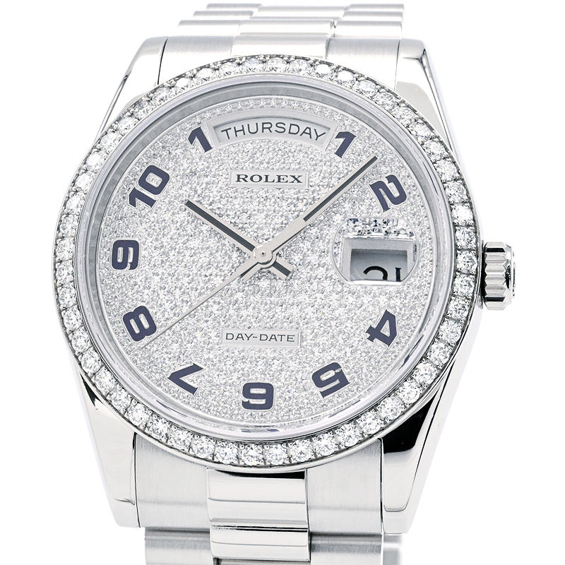 [3年保証] ロレックス メンズ デイデイト 118346 ランダム番 Pt950 ベゼルダイヤ 箱保 全面ダイヤ プラチナ 自動巻き 腕時計 中古 送料無