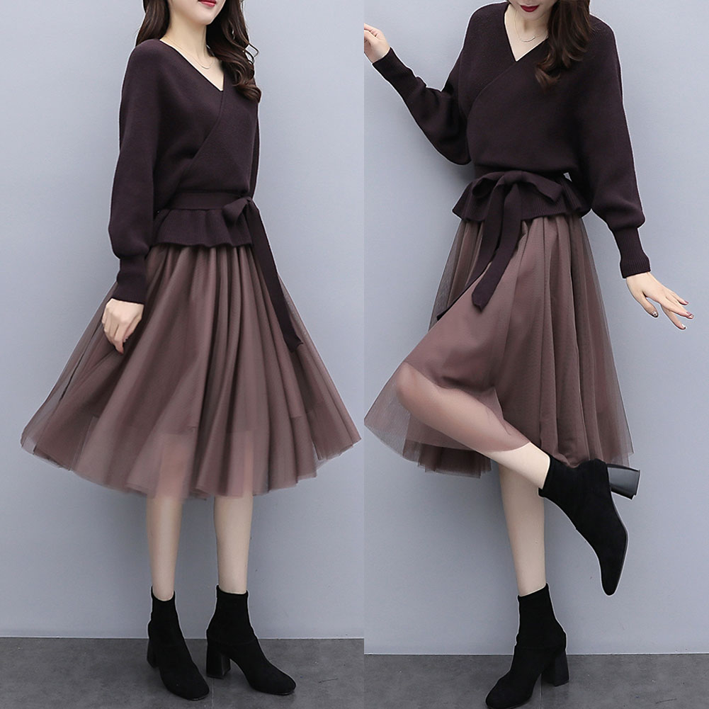 プチプラ送料無料 セーター レディース 春 ニット レディース セーター スカート Vネックセーターレディース セットアップニットワンピース 長袖 上下セット通販