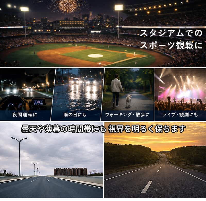 スタジアムでのスポーツ観戦、夜間運転、雨の日の運転、ウォーキングや散歩、ライブや</div></div></div><div class=