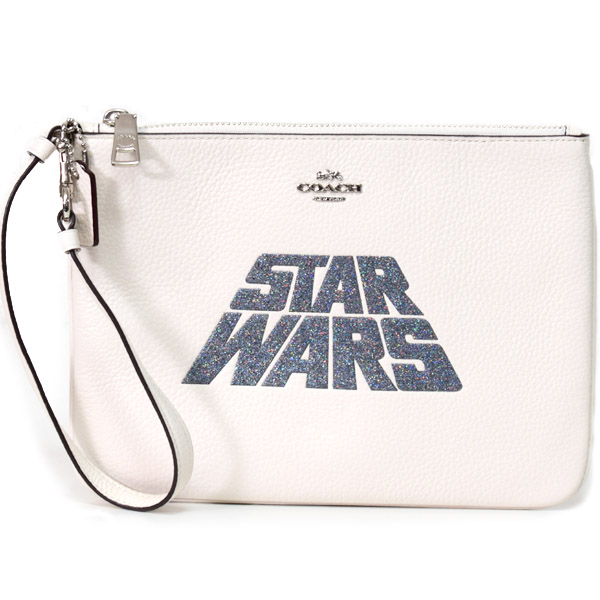 コーチとスターウォーズが夢のコラボ！とってもシンプルな本革リストレットポーチ！クラッチやミニバッグとしても使える超便利なマルチアイテムです♪大胆にSTARWARS（スターウォーズ）のロゴが描かれた魅力