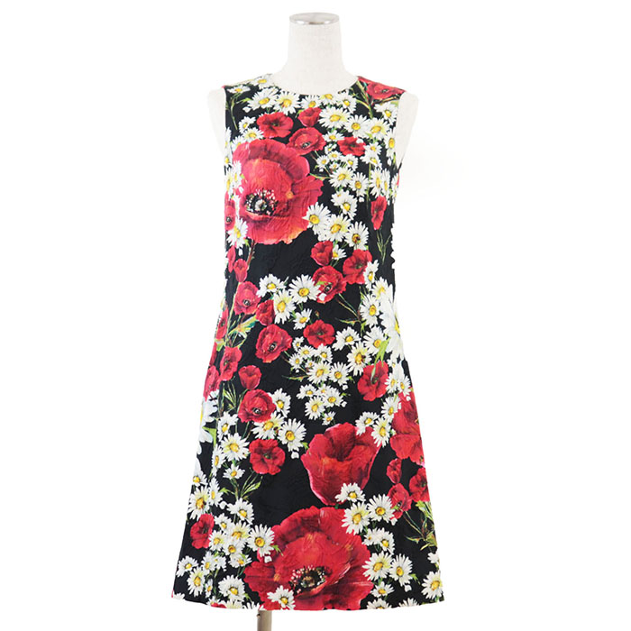 【極美品】DOLCE & GABBANA ドルチェ アンド ガッバーナ ワンピース ノースリーブ フローラル 花柄 ジャガード 総柄 コットン/シルク レデ