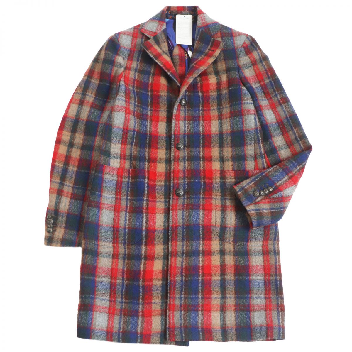 未使用品□2020年製 ETRO/エトロ チェック柄 ロゴシルバーボタン ウール100％ ロング丈 チェスターコート マルチカラー 44 イタリア製 正