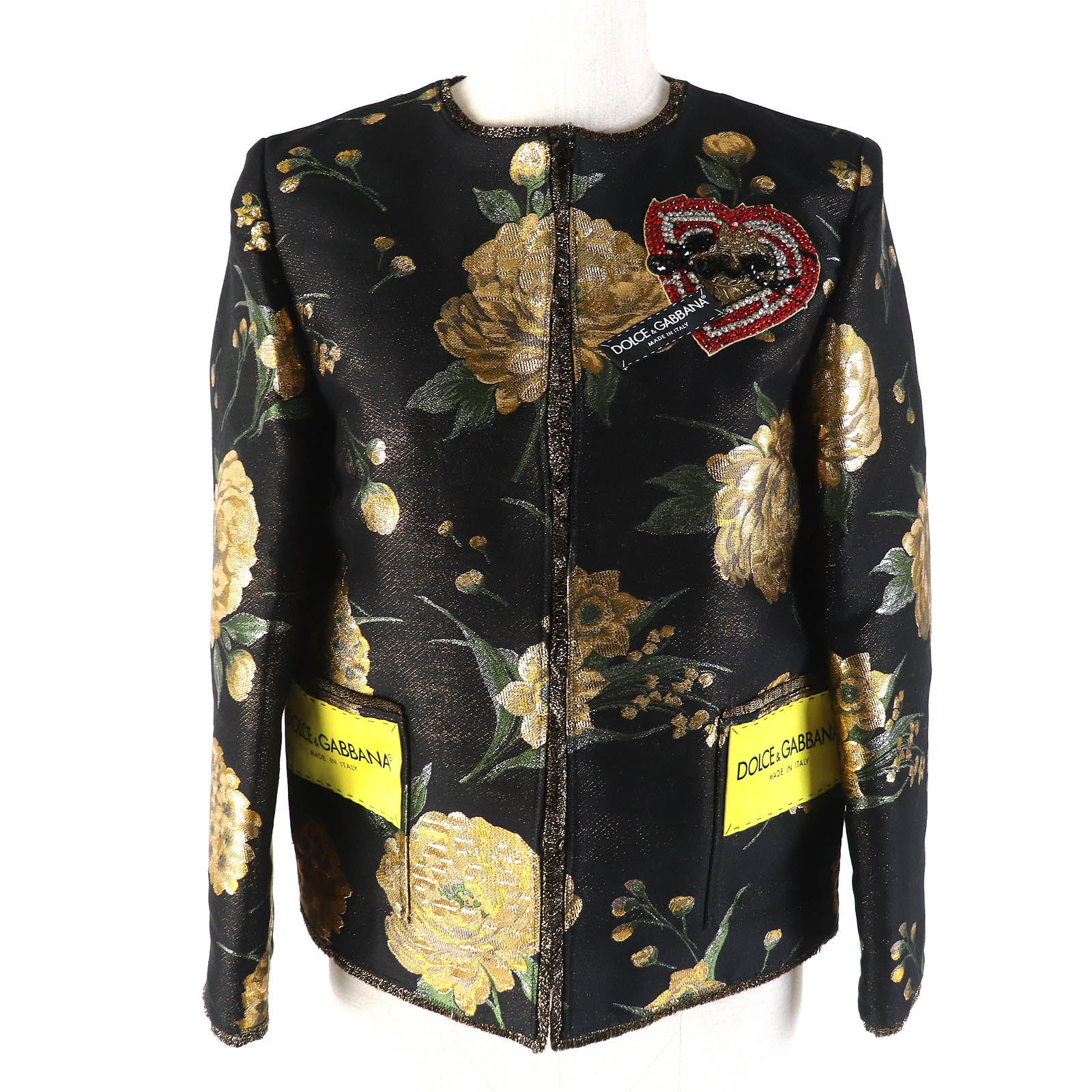 未使用品△DOLCE & GABBANA ドルチェ＆ガッバーナ 黒タグ フラワージャガード ビーズ装飾 ノーカラージャケット 36 正規品 定価389000円