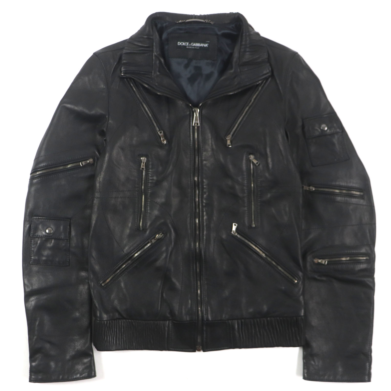 美品▼DOLCE & GABBANA ドルチェ＆ガッバーナ ラムレザー 黒タグ マルチポケット ZIPUP ブルゾン ライダースジャケット 44 正規品 メンズ