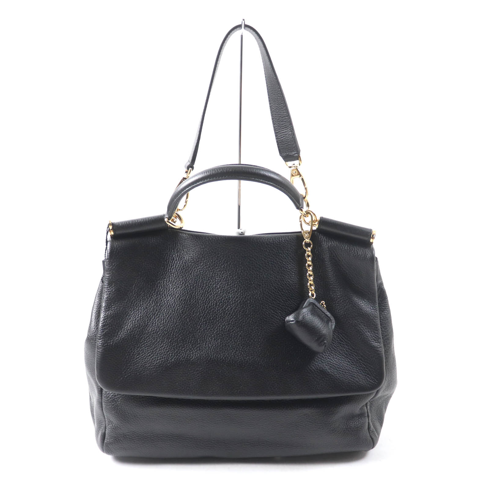 未使用品&starf;DOLCE & GABBANA ドルチェ＆ガッバーナ シシリー がま口チャーム・ロゴ金具付 レザー 2way ハンド・トートバッグ ブラック 袋付