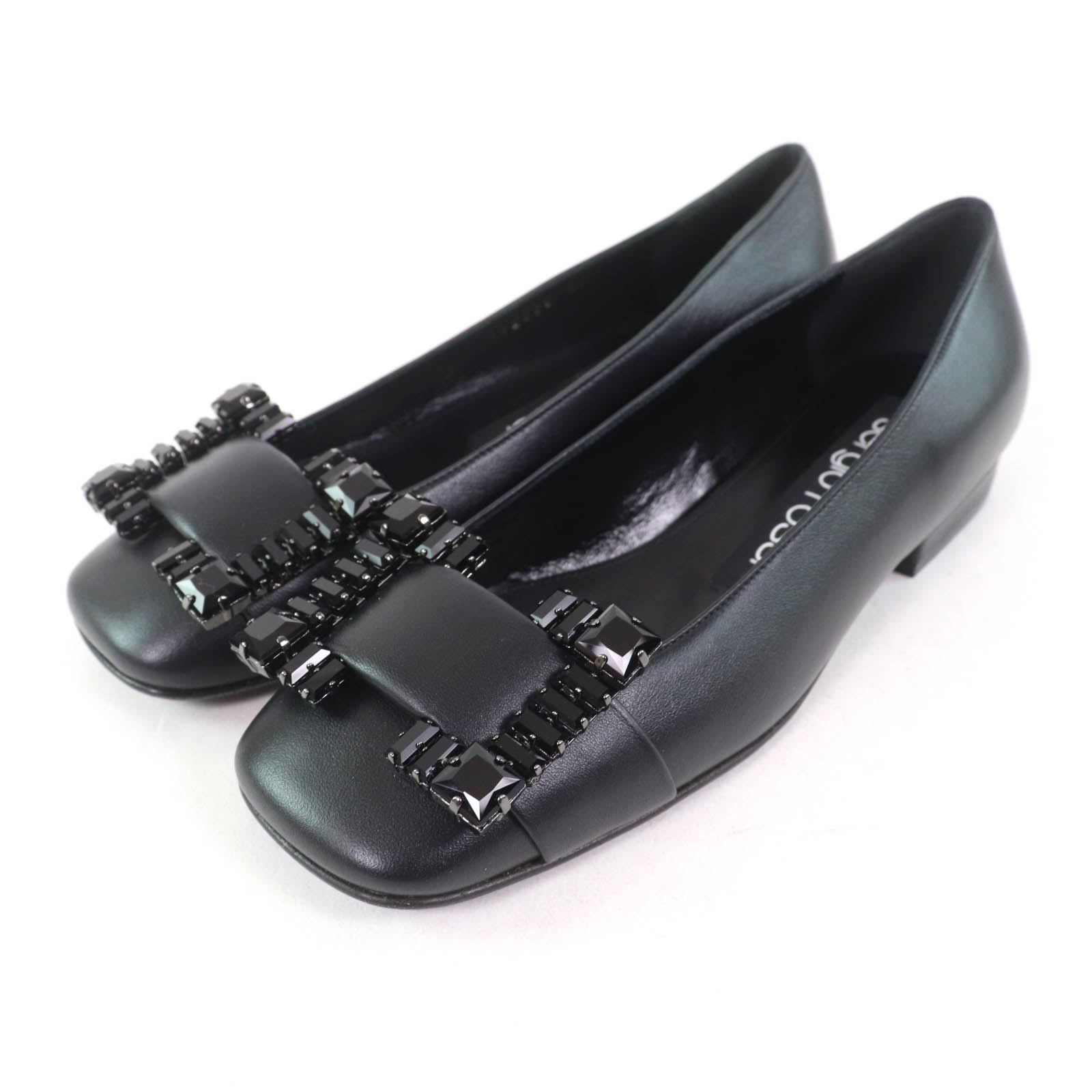 未使用品&starf;Sergio Rossi セルジオロッシ A92270 SR PRINCE ビジュー付 レザー バレエフラット パンプス 黒 35 箱・袋付 定価157300円