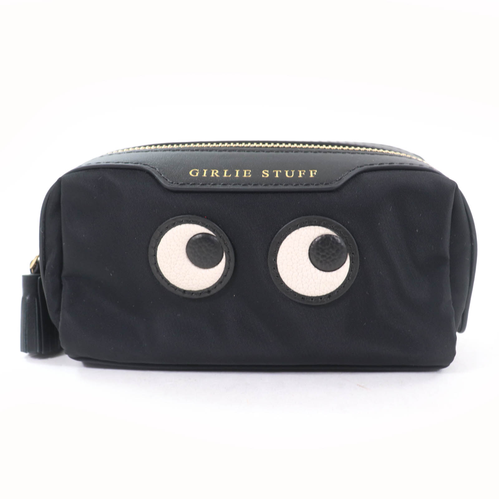極美品☆ANYA HINDMARCH アニヤ ハインドマーチ 193603 Girlie Stuff Eyes ナイロン ZIP ポーチ ブラック 保存袋付き レディース